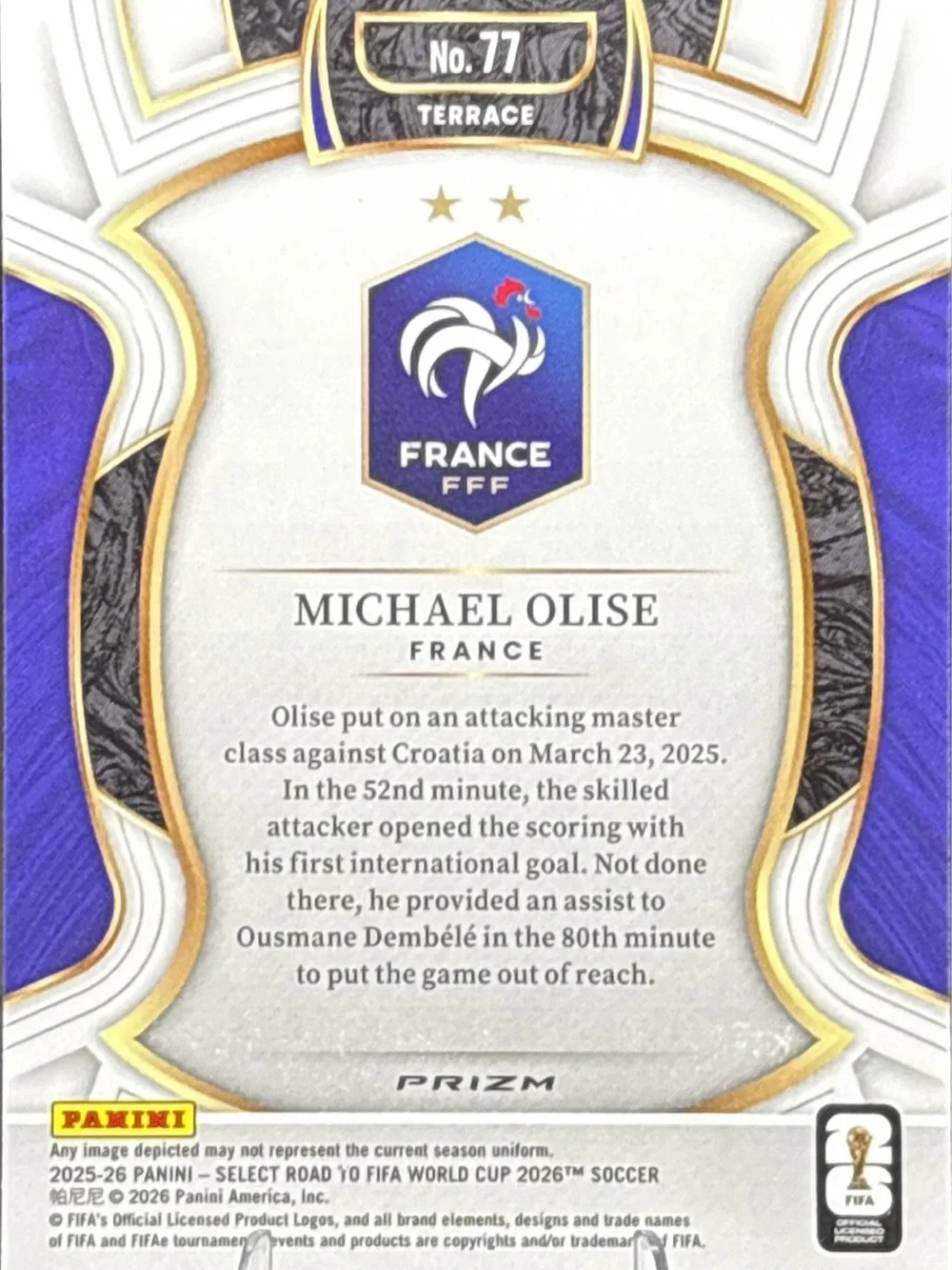 Panini France Michael Olise Purple Shimmer Prizm Soccer Trading Card